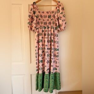 Pink and green botanical puff sleeve midi